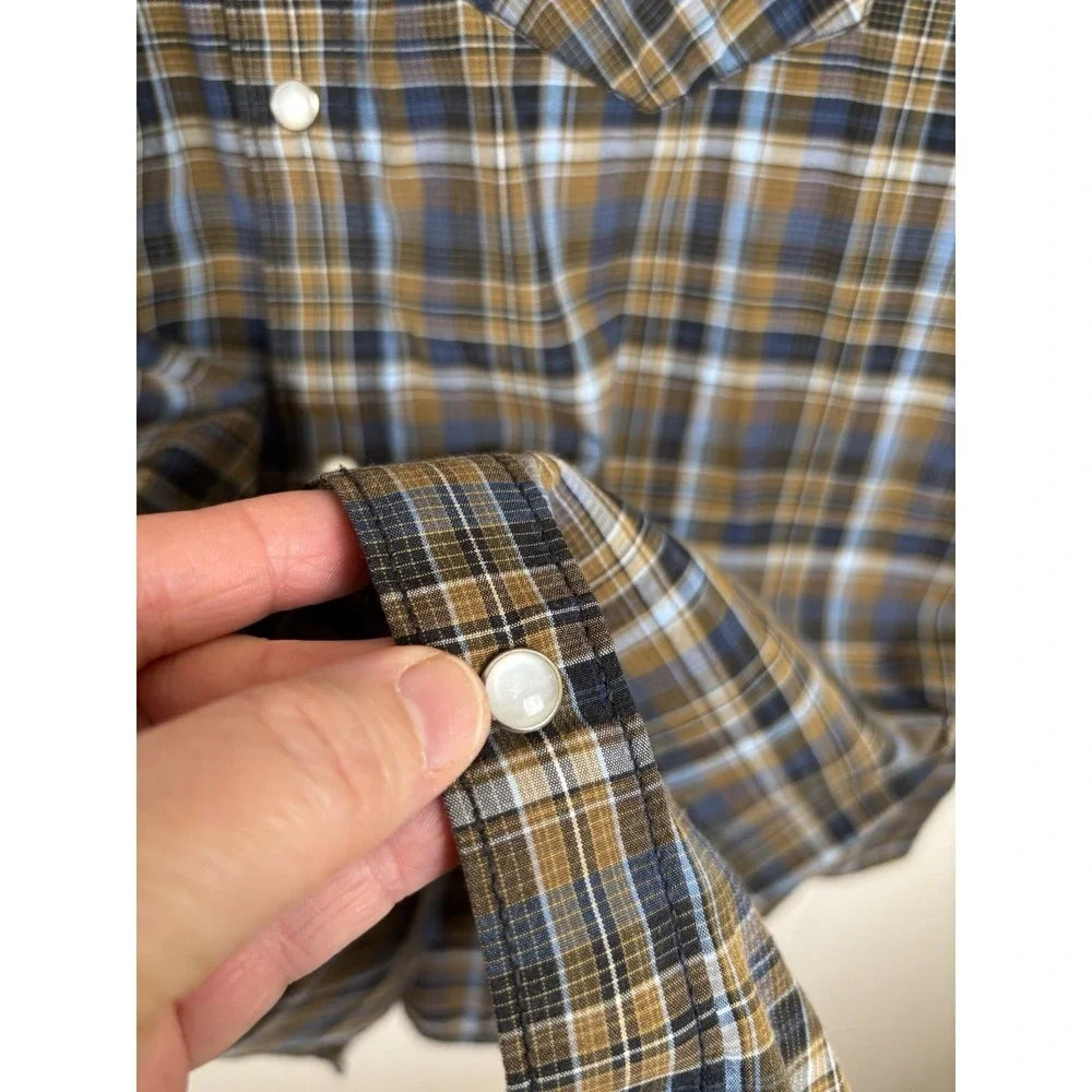 Vintage Vans Custommade For You Mens Size M Blue Brown Plaid‎ Pearl Snap Shirt